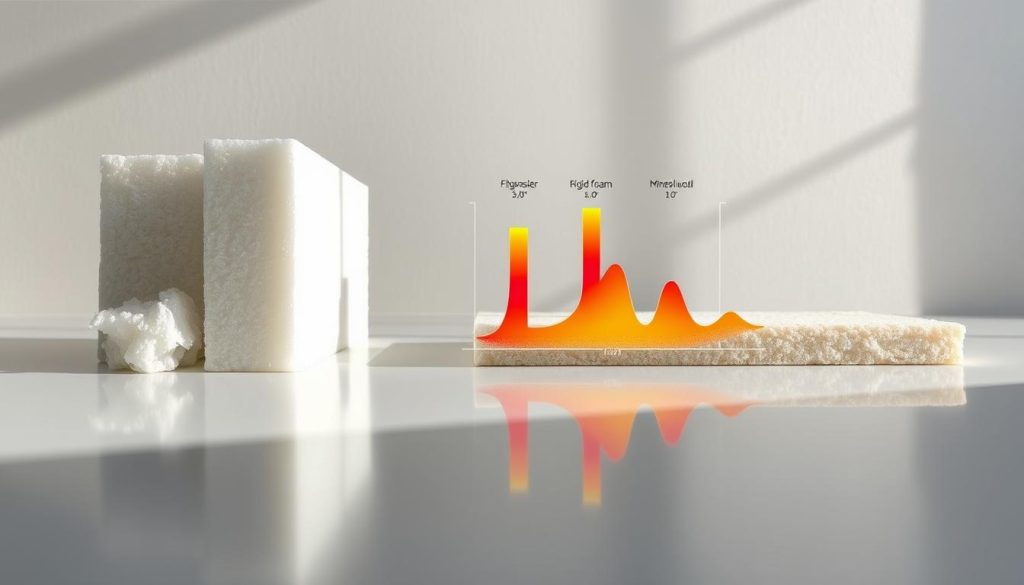 A comparative analysis of thermal insulation materials, presented in a clean, minimalist style. The foreground features various insulation samples - fiberglass, rigid foam, mineral wool - arranged neatly on a sleek, reflective surface, casting subtle shadows. The middle ground showcases the insulation materials' thermal performance through a series of temperature gradients, visually demonstrating their insulating capabilities. The background is a muted, soft-focus setting, allowing the materials to be the focal point. Natural, diffused lighting highlights the textures and densities of the insulation, creating a sense of scientific study. The overall composition conveys a sense of objectivity and technical expertise, suitable for illustrating the "Comparatif : quel est le meilleur isolant" section of the article.