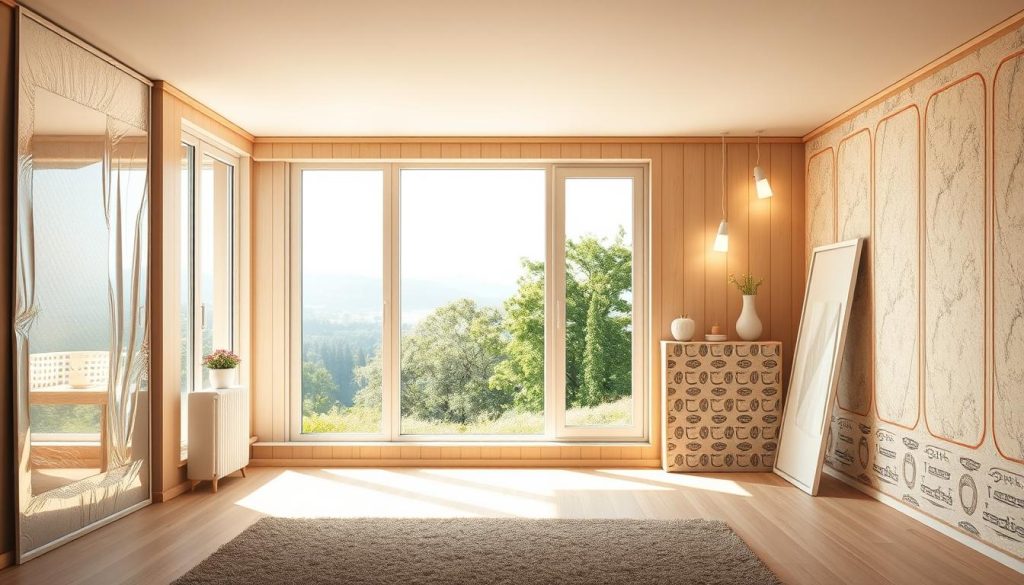 A cozy and well-lit interior showcasing effective thermal correction solutions. In the foreground, an expansive window frames a picturesque outdoor landscape, allowing natural light to flood the space. The middle ground features various thermal insulation materials, such as reflective panels, weatherstripping, and insulation boards, strategically placed around the room to optimize energy efficiency. Subtle LED lighting fixtures accentuate the architectural details, creating a warm and inviting ambiance. The background showcases a modern, minimalist design aesthetic, with clean lines and neutral tones that complement the thermal correction elements. The overall scene conveys a sense of comfort, practicality, and environmental awareness, making it an ideal illustration for the "Cas pratiques et exemples d'application" section of the article. A cozy and well-lit interior showcasing effective thermal correction solutions. In the foreground, an expansive window frames a picturesque outdoor landscape, allowing natural light to flood the space. The middle ground features various thermal insulation materials, such as reflective panels, weatherstripping, and insulation boards, strategically placed around the room to optimize energy efficiency. Subtle LED lighting fixtures accentuate the architectural details, creating a warm and inviting ambiance. The background showcases a modern, minimalist design aesthetic, with clean lines and neutral tones that complement the thermal correction elements. The overall scene conveys a sense of comfort, practicality, and environmental awareness, making it an ideal illustration for the "Cas pratiques et exemples d'application" section of the article.