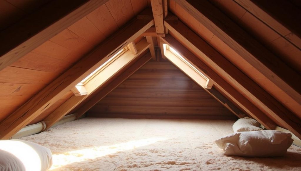 A cozy attic space with exposed beams and lost insulation. Soft, diffused natural light filters through dormer windows, casting warm shadows across the rustic wooden surfaces. The space feels both charming and practical, with insulation materials carefully placed to maintain temperature regulation. The overall atmosphere conveys a sense of comfort and efficiency, perfectly suited for the "Isolation des combles et des toitures exposées" section of the article on heat-retaining roofing materials. A cozy attic space with exposed beams and lost insulation. Soft, diffused natural light filters through dormer windows, casting warm shadows across the rustic wooden surfaces. The space feels both charming and practical, with insulation materials carefully placed to maintain temperature regulation. The overall atmosphere conveys a sense of comfort and efficiency, perfectly suited for the "Isolation des combles et des toitures exposées" section of the article on heat-retaining roofing materials.