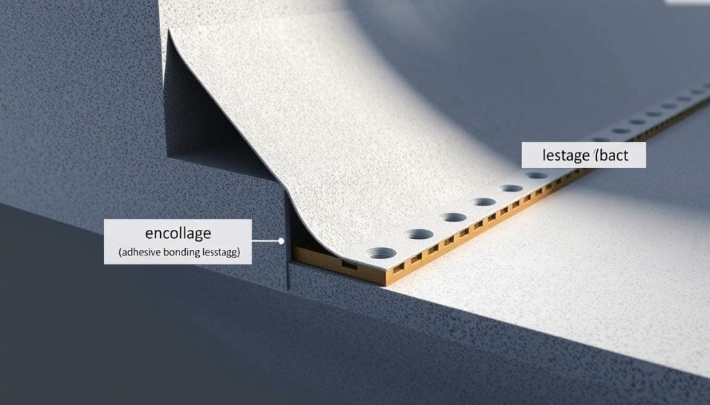 A detailed, technical illustration showcasing the methods of attaching an EPDM membrane to a concrete surface: encollage (adhesive bonding) and lestage (ballasting). The image depicts a cross-section view, with the concrete base in the background, the EPDM membrane in the middle ground, and the various fixation techniques in the foreground. The scene is lit from the side, creating subtle shadows and highlights that accentuate the textures and materials. The overall mood is one of precision and professionalism, reflecting the technical nature of the subject matter. A detailed, technical illustration showcasing the methods of attaching an EPDM membrane to a concrete surface: encollage (adhesive bonding) and lestage (ballasting). The image depicts a cross-section view, with the concrete base in the background, the EPDM membrane in the middle ground, and the various fixation techniques in the foreground. The scene is lit from the side, creating subtle shadows and highlights that accentuate the textures and materials. The overall mood is one of precision and professionalism, reflecting the technical nature of the subject matter.