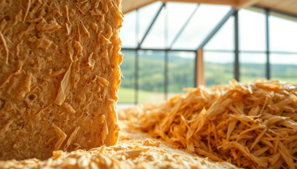 A sustainable eco-friendly insulation material composed of natural fibers, showcased in a warm, well-lit composition. The foreground displays the insulation material's texture and composition, with intricate patterns and organic hues. The middle ground reveals the insulation's application, integrated seamlessly into a modern architectural interior, conveying a sense of energy efficiency and environmental consciousness. The background depicts a serene, verdant landscape, symbolizing the material's renewable and sustainable nature. Soft, diffused lighting illuminates the scene, creating a calming, naturalistic atmosphere that highlights the insulation's eco-impact and durability.