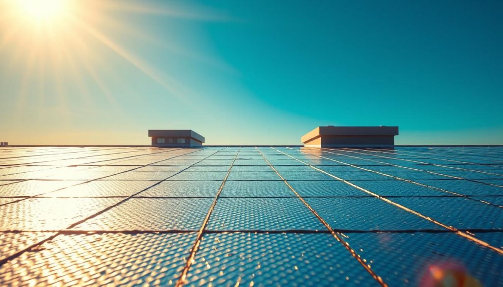 A warm, sunny summer day illuminates a sleek, modern rooftop insulation system. In the foreground, textured panels of reflective, high-performance insulation material cover the roof, creating a seamless, uniform surface. Warm, golden light filters through, casting soft shadows and highlights that accentuate the material's intricate patterns and textures. In the middle ground, the rooftop's architectural details come into focus, with clean lines and geometric shapes that complement the insulation's design. The background reveals a clear, azure sky, conveying a sense of tranquility and comfort. The overall scene evokes a feeling of efficient, sustainable temperature regulation, perfectly suited for keeping a home cool and comfortable during the summer heat. A warm, sunny summer day illuminates a sleek, modern rooftop insulation system. In the foreground, textured panels of reflective, high-performance insulation material cover the roof, creating a seamless, uniform surface. Warm, golden light filters through, casting soft shadows and highlights that accentuate the material's intricate patterns and textures. In the middle ground, the rooftop's architectural details come into focus, with clean lines and geometric shapes that complement the insulation's design. The background reveals a clear, azure sky, conveying a sense of tranquility and comfort. The overall scene evokes a feeling of efficient, sustainable temperature regulation, perfectly suited for keeping a home cool and comfortable during the summer heat.