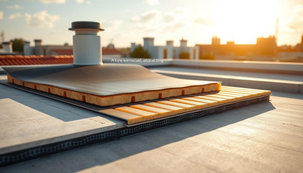 A warm, well-insulated rooftop on a sunny day, with a detailed view of the construction materials. In the foreground, a cross-section of the roof assembly showcases the various layers - a sturdy concrete base, a seamless EPDM membrane, and a thick, insulating layer that traps heat. The middle ground features the precise application of adhesives and primers, ensuring a secure and weatherproof installation. In the background, the bright sky and surrounding architecture create a sense of harmony and cohesion. Crisp, high-quality rendering with a focus on technical accuracy and realistic textures, conveying the expertise and care required for this specialized roofing solution. A warm, well-insulated rooftop on a sunny day, with a detailed view of the construction materials. In the foreground, a cross-section of the roof assembly showcases the various layers - a sturdy concrete base, a seamless EPDM membrane, and a thick, insulating layer that traps heat. The middle ground features the precise application of adhesives and primers, ensuring a secure and weatherproof installation. In the background, the bright sky and surrounding architecture create a sense of harmony and cohesion. Crisp, high-quality rendering with a focus on technical accuracy and realistic textures, conveying the expertise and care required for this specialized roofing solution.