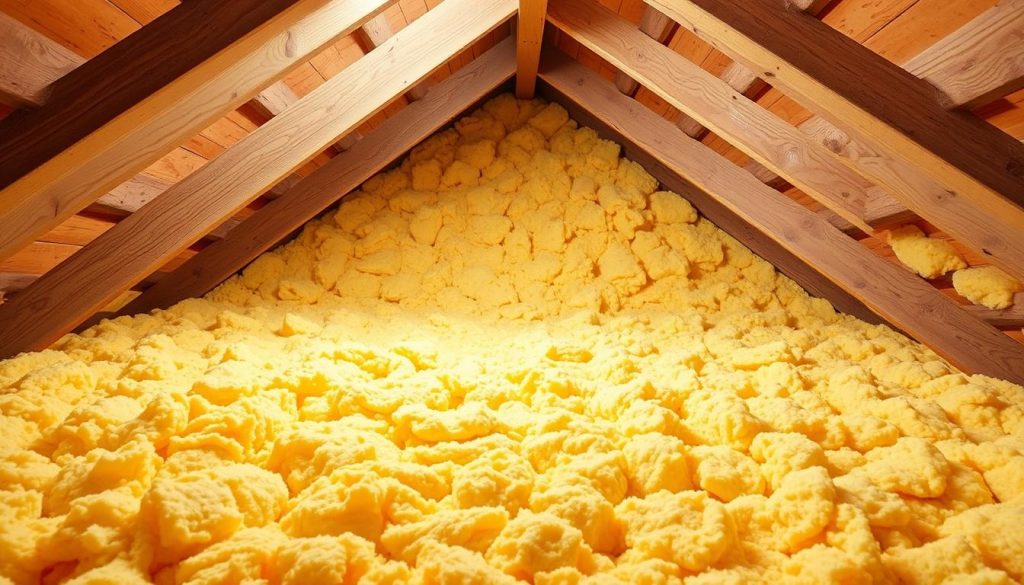A well-insulated attic with neatly arranged thermal insulation made of high-quality cotton fiber. The insulation is evenly distributed, filling the spaces between the wooden beams, creating a seamless, efficient barrier against heat loss. The warm, golden hue of the insulation material contrasts with the cool, neutral tones of the wooden framing, producing a visually pleasing and harmonious composition. Soft, diffused lighting from above gently illuminates the scene, casting subtle shadows and highlighting the textural details of the insulation. The overall image conveys a sense of warmth, comfort, and attention to energy-efficient home design. A well-insulated attic with neatly arranged thermal insulation made of high-quality cotton fiber. The insulation is evenly distributed, filling the spaces between the wooden beams, creating a seamless, efficient barrier against heat loss. The warm, golden hue of the insulation material contrasts with the cool, neutral tones of the wooden framing, producing a visually pleasing and harmonious composition. Soft, diffused lighting from above gently illuminates the scene, casting subtle shadows and highlighting the textural details of the insulation. The overall image conveys a sense of warmth, comfort, and attention to energy-efficient home design.