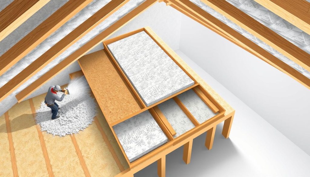 A well-lit, high-angle view of a detailed, cross-sectional illustration showcasing the various methods of insulating attic spaces. The foreground depicts workers carefully blowing loose-fill insulation into the attic cavities, while the middle ground highlights the different insulation materials and techniques, such as installing batt insulation and sealing gaps. The background provides a clean, technical context, with architectural elements like roof trusses and exposed beams to ground the scene in a residential setting. The overall mood is informative and instructional, conveying the step-by-step process of properly insulating an attic space. A well-lit, high-angle view of a detailed, cross-sectional illustration showcasing the various methods of insulating attic spaces. The foreground depicts workers carefully blowing loose-fill insulation into the attic cavities, while the middle ground highlights the different insulation materials and techniques, such as installing batt insulation and sealing gaps. The background provides a clean, technical context, with architectural elements like roof trusses and exposed beams to ground the scene in a residential setting. The overall mood is informative and instructional, conveying the step-by-step process of properly insulating an attic space.
