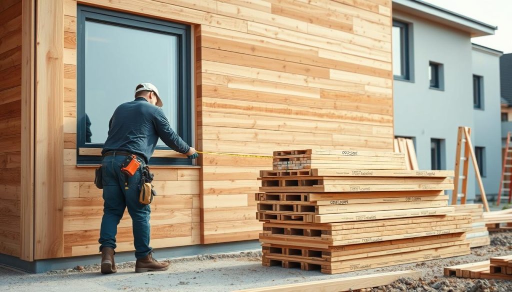A well-organized construction site with the main focus on the preparation of a wooden cladding installation for exterior insulation. In the foreground, a worker is carefully measuring and marking the wall surface, preparing for the installation of the insulation and ventilated cladding system. In the middle ground, various construction materials are neatly stacked, including insulation panels, wooden battens, and fasteners. The background features a modern, energy-efficient building with a clean, minimalist aesthetic, emphasizing the importance of proper insulation and ventilation for optimal thermal performance. The scene is illuminated by soft, natural lighting, creating a calm and professional atmosphere conducive to a successful installation process.