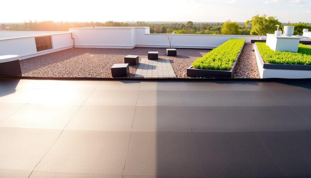 A comparative visual analysis of EPDM roofing solutions, showcasing a well-lit, panoramic view. In the foreground, a seamless EPDM membrane lays flat, its surface reflecting the natural lighting. The middle ground features a variety of EPDM-compatible finishes, including gravel, pavers on pedestals, and a lush, verdant green roof. The background blends a clean, architectural setting with a softly-lit sky, allowing the textural details of the EPDM options to shine. The image conveys a sense of balance, highlighting the practical and aesthetic considerations for EPDM roofing systems.