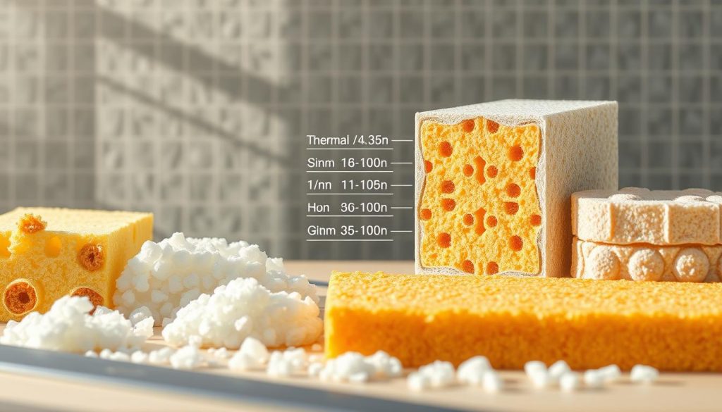 A detailed comparison of common insulation materials, showcased in a professional and technical illustration. In the foreground, various insulation samples are neatly arranged, their textures and densities clearly visible under natural lighting. In the middle ground, a cutaway diagram depicts the cross-sectional properties of each material, highlighting thermal conductivity, R-values, and other key performance metrics. The background features a subtle grid pattern, adding a sense of structure and precision to the scene. The overall mood is one of scientific inquiry and practical application, suitable for informing readers about the optimal insulation choices for meeting RT 2020 energy efficiency standards.