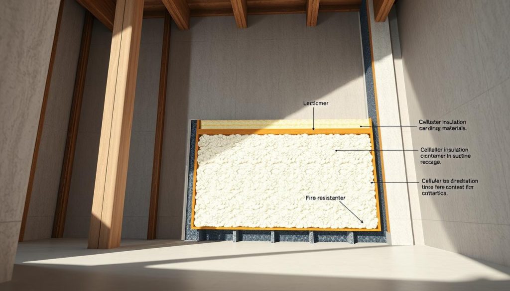 A detailed illustration of building insulation standards and certifications. A well-lit interior scene showcasing a cutaway view of a wall section, highlighting the layered construction with labeled components such as cellulose insulation, fire-resistant materials, and supporting structural elements. The image should convey a sense of technical precision and safety, emphasizing the importance of proper insulation and adherence to industry regulations for a secure and fire-resistant building envelope. A detailed illustration of building insulation standards and certifications. A well-lit interior scene showcasing a cutaway view of a wall section, highlighting the layered construction with labeled components such as cellulose insulation, fire-resistant materials, and supporting structural elements. The image should convey a sense of technical precision and safety, emphasizing the importance of proper insulation and adherence to industry regulations for a secure and fire-resistant building envelope.