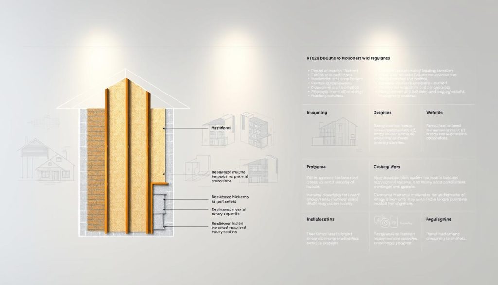 A detailed, technical diagram of the réglementation RT2020 regulations, depicted in a clean, minimalist style. The foreground shows a schematic cross-section of a building's exterior walls, highlighting the required insulation thicknesses and material properties to comply with the RT2020 energy efficiency standards. The middle ground features architectural drawings and schematics, while the background contains subtle, muted infographics explaining the key points of the RT2020 regulations. The lighting is soft and evenly distributed, creating a professional, informative atmosphere. The overall composition aims to visually communicate the technical details and real-world impact of the RT2020 guidelines.