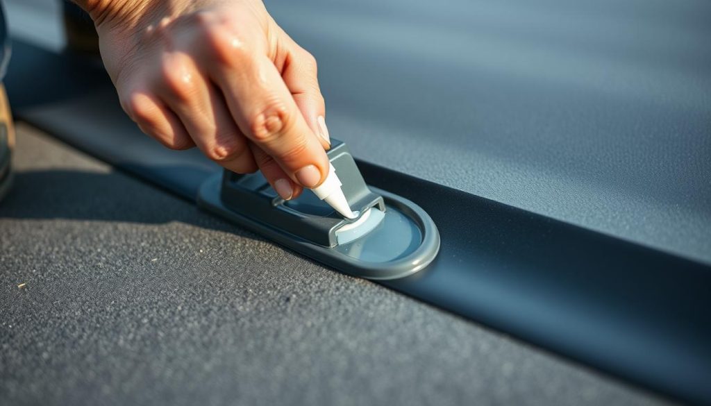 A high-quality, close-up view of a person's hand carefully applying a thick, viscous neoprene-based adhesive to the surface of a flat EPDM roofing membrane. The adhesive is being smoothed out evenly with a specialized application tool, ensuring a seamless and durable bond. The lighting is soft and diffused, casting subtle shadows that highlight the texture of the materials. The background is blurred, keeping the focus on the intricate application process. The overall scene conveys a sense of precision, craftsmanship, and attention to detail required for a professional-grade EPDM roofing installation. A high-quality, close-up view of a person's hand carefully applying a thick, viscous neoprene-based adhesive to the surface of a flat EPDM roofing membrane. The adhesive is being smoothed out evenly with a specialized application tool, ensuring a seamless and durable bond. The lighting is soft and diffused, casting subtle shadows that highlight the texture of the materials. The background is blurred, keeping the focus on the intricate application process. The overall scene conveys a sense of precision, craftsmanship, and attention to detail required for a professional-grade EPDM roofing installation.