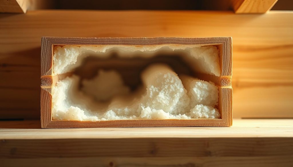 A high-quality photograph of thermal conductivity of wood insulation, showcasing its technical characteristics and performance. The image depicts a cutaway view of a wooden beam filled with insulation material, highlighting the internal structure and heat transfer dynamics. The lighting is soft and diffused, creating a warm, natural ambiance that complements the organic nature of the wood. The composition emphasizes the technical details, with a focus on the insulation's cross-section and the interface between the wood and the insulating material. The overall scene conveys a sense of technical precision and attention to the material's performance, aligning with the subject of the "Performances techniques et caractéristiques" section. A high-quality photograph of thermal conductivity of wood insulation, showcasing its technical characteristics and performance. The image depicts a cutaway view of a wooden beam filled with insulation material, highlighting the internal structure and heat transfer dynamics. The lighting is soft and diffused, creating a warm, natural ambiance that complements the organic nature of the wood. The composition emphasizes the technical details, with a focus on the insulation's cross-section and the interface between the wood and the insulating material. The overall scene conveys a sense of technical precision and attention to the material's performance, aligning with the subject of the "Performances techniques et caractéristiques" section.