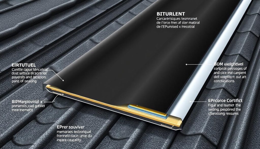 A high-quality, technical illustration of a waterproof membrane for flat roofing, showcasing the distinctive features and construction of EPDM and bitumen materials. The image should capture the intricate textures, cross-sections, and material properties in vivid detail, with careful attention to lighting and perspective to enhance the technical aspects. The overall tone should be informative and technical, supporting the subject matter of the article's section on the "Caractéristiques techniques de l'EPDM et du bitume".