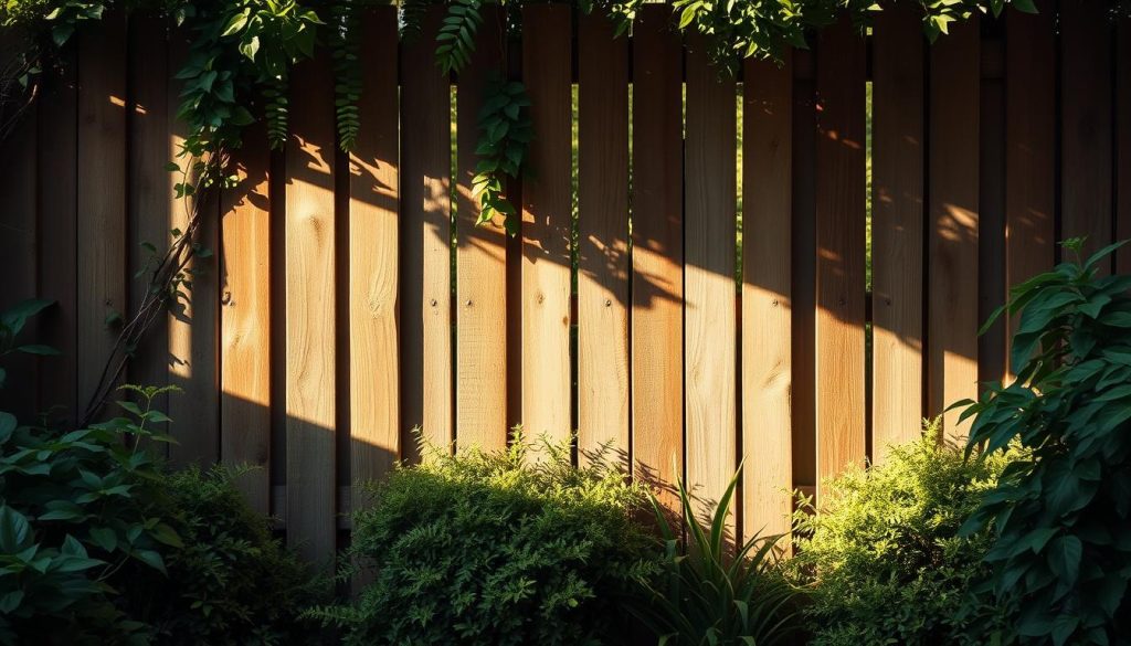 A secluded garden oasis with a rustic wooden clôture ganivelle fence, casting delicate shadows and creating a sense of intimate enclosure. The fence panels intertwine with lush, verdant foliage, blurring the boundaries between inside and out. Soft, diffused natural light filters through the gaps, casting a warm, golden glow over the tranquil scene. The carefully arranged layout suggests a private, serene retreat, ideal for relaxation and escape from the outside world. The overall composition evokes a feeling of cozy seclusion and connection with nature.