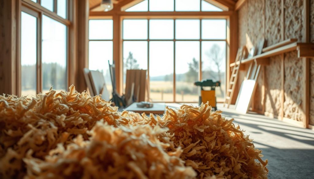A serene interior space, softly lit by natural daylight filtering through large windows. In the foreground, a selection of insulation fibres made from wood, their warm tones and organic textures creating a tactile display. In the middle ground, various construction materials and tools suggest the practical application of these fibres for building insulation. The background reveals a tranquil outdoor scene, hinting at the environmental benefits of these sustainable insulation solutions. The overall composition conveys a sense of craftsmanship, energy efficiency, and harmony between the built and natural environments. A serene interior space, softly lit by natural daylight filtering through large windows. In the foreground, a selection of insulation fibres made from wood, their warm tones and organic textures creating a tactile display. In the middle ground, various construction materials and tools suggest the practical application of these fibres for building insulation. The background reveals a tranquil outdoor scene, hinting at the environmental benefits of these sustainable insulation solutions. The overall composition conveys a sense of craftsmanship, energy efficiency, and harmony between the built and natural environments.
