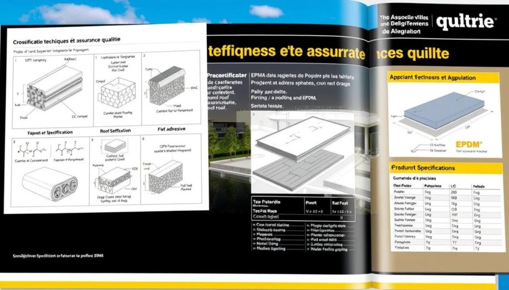 A technical manual displaying cross-sectional diagrams and product specifications for EPDM adhesive. The foreground shows detailed schematics of the adhesive's chemical composition, application methods, and performance characteristics. The middle ground features technical illustrations showcasing the adhesive's bonding process and durability on flat roofing surfaces. The background depicts an architectural rendering of a modern building with a flat roof, emphasizing the adhesive's use in commercial construction. The overall tone is professional, informative, and technically precise, reflecting the subject matter of "Spécifications techniques et assurances qualité" for EPDM adhesive. A technical manual displaying cross-sectional diagrams and product specifications for EPDM adhesive. The foreground shows detailed schematics of the adhesive's chemical composition, application methods, and performance characteristics. The middle ground features technical illustrations showcasing the adhesive's bonding process and durability on flat roofing surfaces. The background depicts an architectural rendering of a modern building with a flat roof, emphasizing the adhesive's use in commercial construction. The overall tone is professional, informative, and technically precise, reflecting the subject matter of "Spécifications techniques et assurances qualité" for EPDM adhesive.