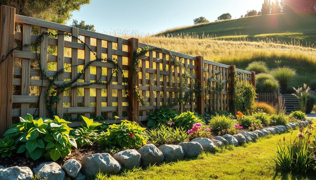 Detailed and rustic garden fence installation. A wooden ganivelle fence stretching across a lush, verdant backyard. Sunlight filters through the latticed slats, casting warm shadows on the well-tended flower beds below. In the foreground, carefully arranged river rocks outline the fence's base, while in the middle ground, trailing vines and climbing plants weave through the openings, adding a naturalistic charm. The background features a gentle sloping hill dotted with tall grasses and vibrant wildflowers, creating a serene, pastoral atmosphere. Subtle lens flare highlights the tranquil mood. Realistic, high-resolution, detailed.
