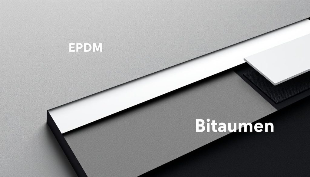 Detailed comparison of EPDM and bitumen roofing materials showcased in a minimalist technical illustration. Smooth, matte textures with subtle gradients convey the durability and weatherproofing properties. Uniform lighting from above creates defined shadows, emphasizing the cross-sectional profiles. Camera angle slightly elevated to provide clear visibility of the material thickness and layering. Restrained color palette of greys, blacks, and whites to maintain focus on the material properties rather than distracting aesthetics. Overall, a visually compelling yet informative image to support the article's technical analysis.