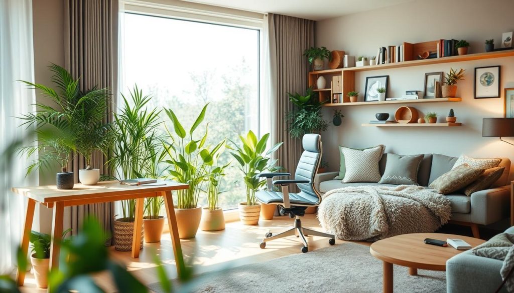 A cozy, well-designed interior showcasing sustainable living solutions. In the foreground, a large window fills the room with soft, natural light, illuminating a stylish home office setup with a minimalist wooden desk and ergonomic chair. In the middle ground, a lush indoor plant display adds a touch of greenery, complemented by natural materials like bamboo and reclaimed wood accents. The background features a serene lounge area with plush, eco-friendly textiles and a wall adorned with artful shelving displaying books and decorative items. An overall sense of harmony, comfort and environmental consciousness pervades the scene.