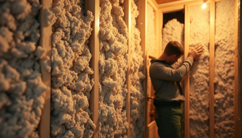 A cozy, well-lit interior scene showcasing the installation of cellulose insulation within the walls. In the foreground, a worker carefully applying the fluffy, gray-toned material between the wall studs, creating a seamless, uniform layer of insulation. The middle ground reveals the details of the cellulose insulation's texture, with its signature flecks and fibers visible. The background features a partially finished wall, hinting at the broader context of the home renovation project. The lighting is warm and inviting, casting a soft glow and emphasizing the insulation's thermal properties. The overall atmosphere conveys a sense of diligence, expertise, and the importance of proper insulation for energy efficiency and comfort.