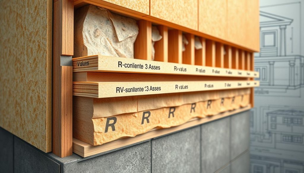 A detailed cross-section of a building's exterior wall, highlighting the intricate layers of insulation materials and their thermal resistance properties. The foreground showcases the different insulation panels, their R-values prominently displayed, arranged in a visually appealing composition. The middle ground depicts the wall's structure, with studs, sheathing, and vapor barriers visible, all contributing to the overall thermal efficiency. The background softly fades into an architectural blueprint or technical diagram, providing context and emphasizing the scientific and engineering aspects of thermal insulation. Warm, earthy tones complement the materials, while precise lighting and crisp details convey the technical nature of the subject matter.
