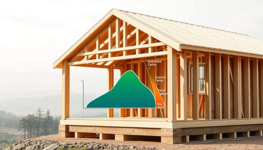 A detailed, photorealistic rendering of a cross-section diagram showcasing the carbon footprint of a wood-framed construction. The foreground depicts the various layers of the building envelope, including insulation, framing, and exterior cladding, all rendered in shades of natural wood tones. The middle ground highlights the embodied carbon in the construction materials, visualized through a color-coded system ranging from green (low carbon) to red (high carbon). The background features a soft, hazy landscape, conveying a serene, environmentally-conscious atmosphere. The lighting is natural and diffused, emphasizing the organic nature of the wood materials. The overall composition is clean, informative, and visually striking, effectively communicating the ecological advantages of wood-frame construction.