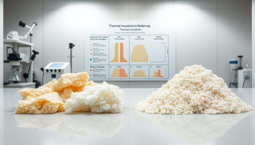 A detailed side-by-side comparison of thermal insulation materials, including cellulose and mineral insulation. The scene depicts a clean, well-lit laboratory setting with scientific apparatus and instruments. In the foreground, samples of different insulation materials are displayed on a sleek, reflective surface, allowing a clear visual assessment of their textures and densities. The middle ground showcases a technical diagram or schematic, providing key performance metrics and thermal properties for each material. The background features a clean, minimalist wall, creating a professional, educational atmosphere. Lighting is soft and even, highlighting the materials' characteristics without harsh shadows. The overall composition conveys a sense of scientific rigor and objective evaluation of the insulation options.