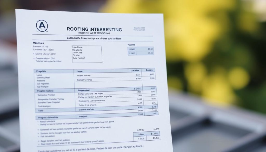 A detailed, technical illustration of a sample roofing waterproofing estimate, featuring a clean, minimalist layout against a softly blurred background. The document should showcase key details such as materials, labor costs, and project scope, presented in a professional, easy-to-understand format. Subtle textures and muted tones should convey a sense of quality and precision, reflecting the expertise required for a successful roofing waterproofing project. The overall aesthetic should be both informative and visually appealing, capturing the essence of the "Exemples de devis et conseils pour choisir votre artisan" section.