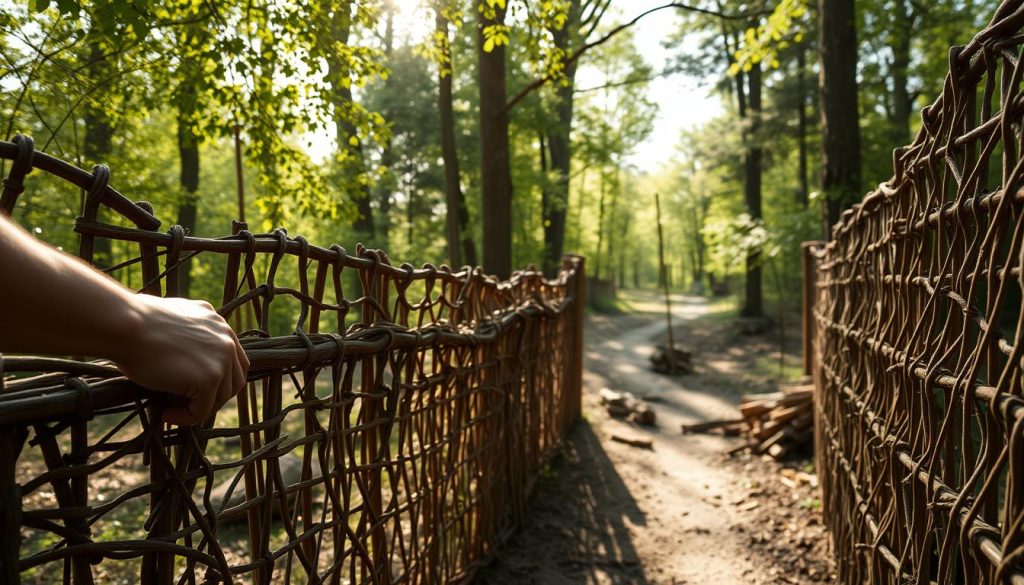 A rustic chestnut fence-making process unfolds in a bucolic woodland setting. In the foreground, skilled hands meticulously weave intricate lattices of split chestnut rods, showcasing the artisanal craftsmanship. The middle ground reveals the methodical steps - sawing, splitting, and shaping the raw chestnut logs. Dappled sunlight filters through the lush foliage, casting a warm, natural glow over the scene. The background features a serene forest backdrop, with tall trees and a hint of winding paths, evoking a tranquil, rural ambiance. The overall atmosphere is one of time-honored tradition, sustainability, and connection to the land. A rustic chestnut fence-making process unfolds in a bucolic woodland setting. In the foreground, skilled hands meticulously weave intricate lattices of split chestnut rods, showcasing the artisanal craftsmanship. The middle ground reveals the methodical steps - sawing, splitting, and shaping the raw chestnut logs. Dappled sunlight filters through the lush foliage, casting a warm, natural glow over the scene. The background features a serene forest backdrop, with tall trees and a hint of winding paths, evoking a tranquil, rural ambiance. The overall atmosphere is one of time-honored tradition, sustainability, and connection to the land.
