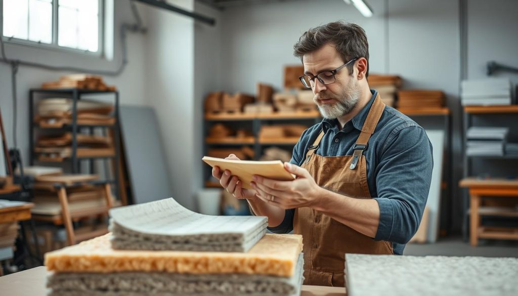 A skilled artisan stands in a well-lit workshop, examining a facade insulation material with a contemplative expression. The foreground showcases their experienced hands and tools, while the middle ground features a selection of insulation samples in various textures and colors. The background depicts a clean, organized workspace with shelves of materials and equipment, conveying a sense of professionalism and expertise. The overall scene exudes an atmosphere of care, attention to detail, and a dedication to providing high-quality insulation solutions for a sustainable and energy-efficient home.