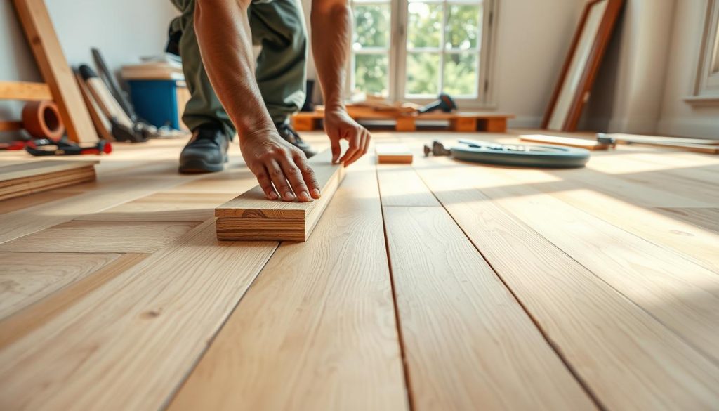 A sunny, well-lit room showcases the installation of a parquet flooring made of light, airy peuplier wood. In the foreground, a worker's hands carefully aligns the interlocking wooden planks, their smooth, uniform texture and grain visible. The middle ground reveals the step-by-step process, with tools and materials neatly arranged. The background offers a glimpse of the finished floor, its warm, natural tones reflecting the room's bright, inviting atmosphere. The composition emphasizes the precision, care, and attention to detail required for the proper installation of this versatile, lightweight hardwood parquet. A sunny, well-lit room showcases the installation of a parquet flooring made of light, airy peuplier wood. In the foreground, a worker's hands carefully aligns the interlocking wooden planks, their smooth, uniform texture and grain visible. The middle ground reveals the step-by-step process, with tools and materials neatly arranged. The background offers a glimpse of the finished floor, its warm, natural tones reflecting the room's bright, inviting atmosphere. The composition emphasizes the precision, care, and attention to detail required for the proper installation of this versatile, lightweight hardwood parquet.