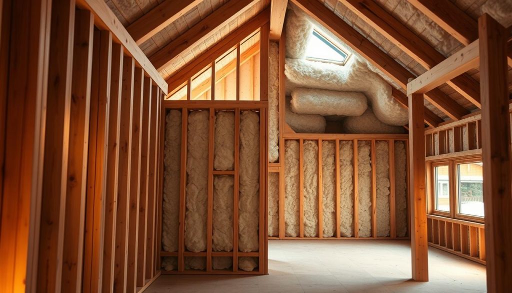 A warm, softly-lit interior view of a modern timber-framed house, showcasing detailed insulation strategies. In the foreground, layers of high-performance insulation materials are visible, seamlessly integrated into the wood frame construction. The middle ground depicts the intricate assembly of the wall system, highlighting thermal break techniques and air sealing measures. In the background, a cross-section of the roof structure reveals advanced insulation solutions, creating a cozy, energy-efficient atmosphere. The overall scene conveys a sense of thoughtful design and optimization for thermal performance, reflecting the craftsmanship and attention to detail inherent in timber-frame architecture.