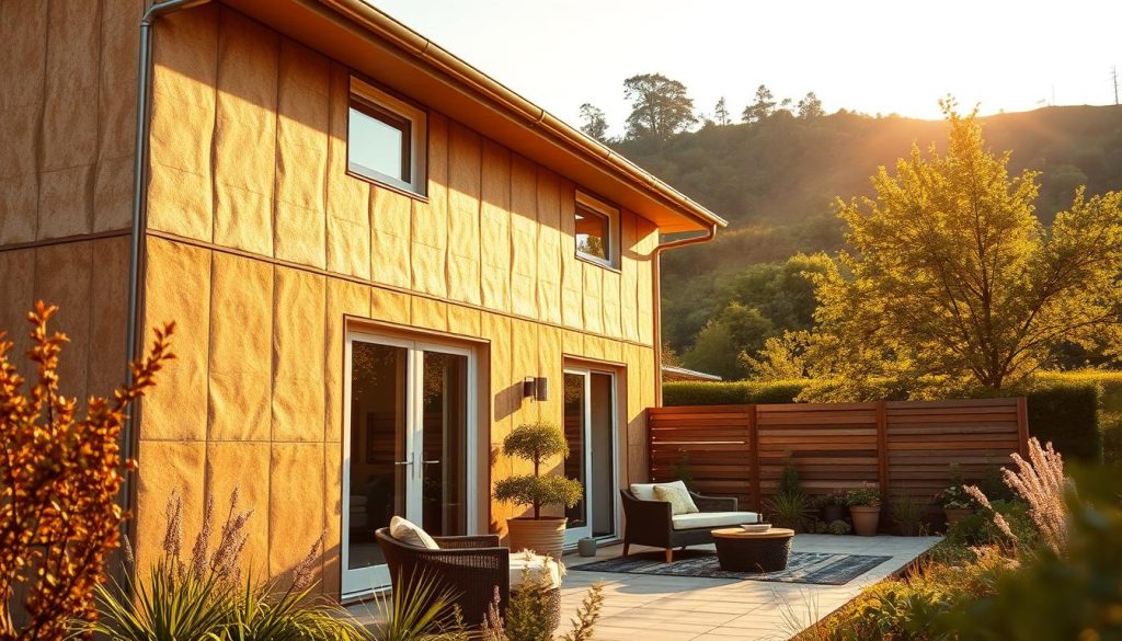 A well-insulated modern home, its exterior walls adorned with expertly installed thermal insulation panels, basking in warm, golden sunlight. The carefully chosen materials seamlessly blend with the home's architectural features, creating a harmonious and energy-efficient design. In the foreground, a cozy outdoor seating area invites residents to bask in the comfortable temperature, while the background showcases a lush, verdant landscape, emphasizing the home's integration with its natural surroundings. The scene conveys a sense of tranquility, comfort, and environmental sustainability, serving as a shining example of successful insulation solutions.