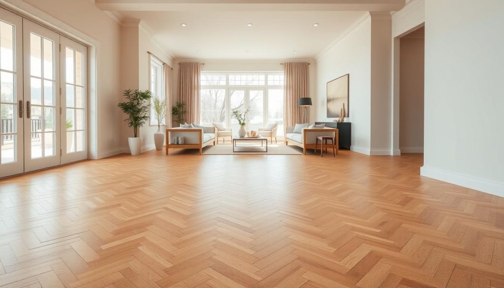 A well-lit, spacious interior with a beautiful peuplier hardwood parquet floor in the foreground. The floor panels are laid in a classic herringbone pattern, showcasing the light, warm tones and subtle grain of the wood. In the middle ground, a minimalist yet comfortable living area with clean-lined furniture invites relaxation. Large windows flood the space with natural light, casting a soft, cozy glow. In the background, a neutral-toned accent wall provides a simple, elegant backdrop. The overall atmosphere is one of modern sophistication and timeless, natural charm, perfectly capturing the advantages of peuplier parquet for the interior. A well-lit, spacious interior with a beautiful peuplier hardwood parquet floor in the foreground. The floor panels are laid in a classic herringbone pattern, showcasing the light, warm tones and subtle grain of the wood. In the middle ground, a minimalist yet comfortable living area with clean-lined furniture invites relaxation. Large windows flood the space with natural light, casting a soft, cozy glow. In the background, a neutral-toned accent wall provides a simple, elegant backdrop. The overall atmosphere is one of modern sophistication and timeless, natural charm, perfectly capturing the advantages of peuplier parquet for the interior.