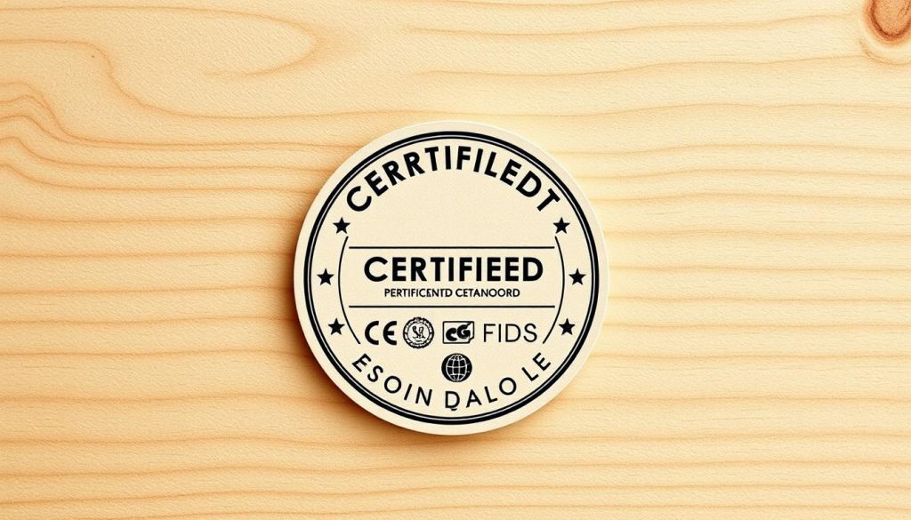 A wood certification label, prominently displayed against a textured wooden background. The label features clean, bold typography conveying the certification standard, accompanied by relevant icons and symbols. The lighting is soft and natural, accentuating the warm, organic tones of the wood. The overall composition strikes a balance between technicality and craftsmanship, reflecting the precision and quality inherent in wood-based insulation materials. The image evokes a sense of reliability, attention to detail, and adherence to industry standards - key elements for the "Normes, certifications et exigences qualité" section of the article.