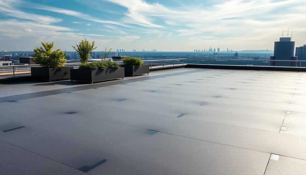 An expansive rooftop terrace, bathed in soft, natural light filtering through wispy clouds. In the foreground, a sleek, seamless EPDM membrane lays across the surface, providing a durable and weatherproof barrier. Strategically placed insulation panels dot the scene, ensuring efficient thermal regulation for the living space below. The middle ground features lush, verdant planters, their foliage gently swaying in a gentle breeze. In the background, the cityscape unfolds, a tapestry of architectural details and distant horizons, creating a sense of tranquil isolation from the bustling world below.