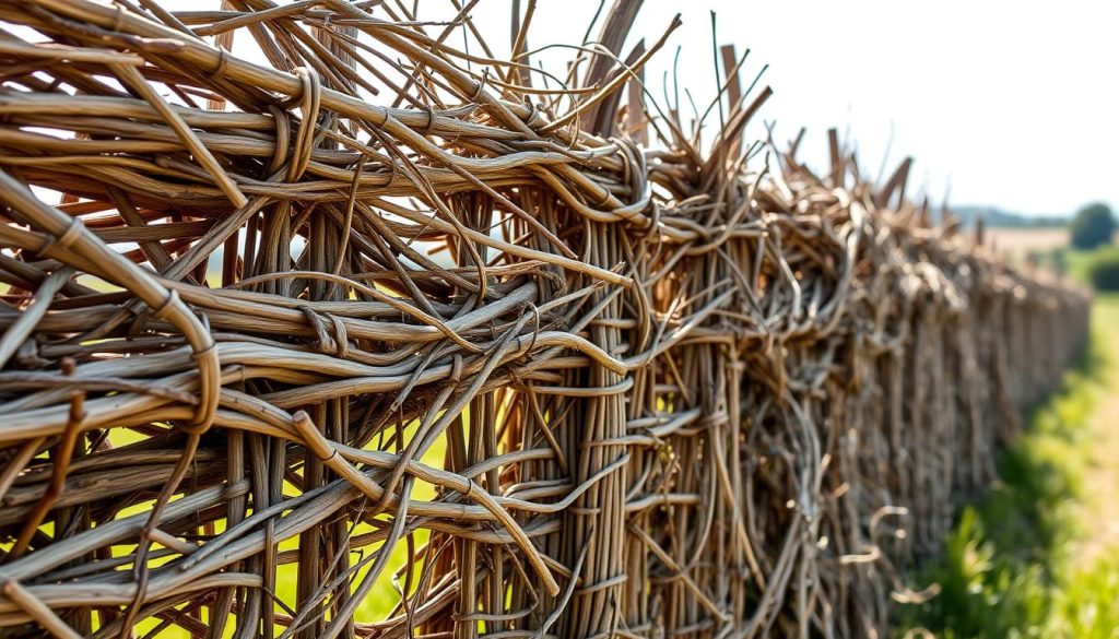 An intricate assemblage of chestnut wood filaments woven into a traditional French ganivelle fence, captured in a crisp, natural light. The foreground showcases the meticulous craftsmanship, with the intertwined branches forming a captivating and organic pattern. The middle ground reveals the fence's sturdy structure, each element seamlessly integrated to create a cohesive, rustic barrier. The background features a soft, blurred countryside landscape, allowing the viewer to fully appreciate the handmade charm of this time-honored fencing technique. The overall scene evokes a sense of artisanal skill, sustainable materials, and a connection to the land. An intricate assemblage of chestnut wood filaments woven into a traditional French ganivelle fence, captured in a crisp, natural light. The foreground showcases the meticulous craftsmanship, with the intertwined branches forming a captivating and organic pattern. The middle ground reveals the fence's sturdy structure, each element seamlessly integrated to create a cohesive, rustic barrier. The background features a soft, blurred countryside landscape, allowing the viewer to fully appreciate the handmade charm of this time-honored fencing technique. The overall scene evokes a sense of artisanal skill, sustainable materials, and a connection to the land.