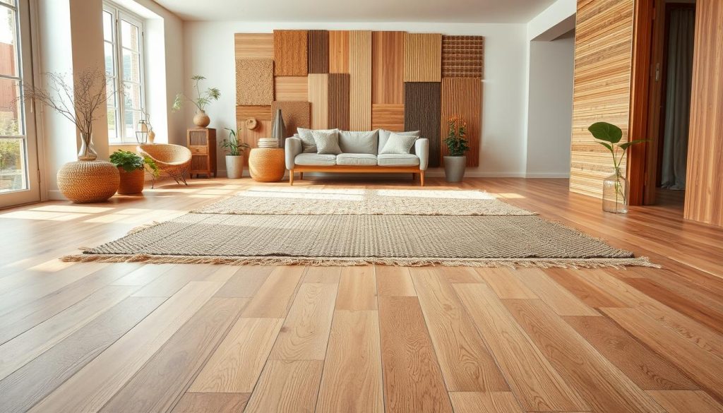 A cozy and well-lit interior showcasing a range of eco-friendly flooring options. In the foreground, a warm-toned hardwood floor with a subtle grain pattern leads the eye towards a central seating area. In the middle ground, a variety of natural fiber rugs in earthy tones and textures create a layered and inviting ambiance. The background features a selection of sustainable wall panels, perhaps made from bamboo or recycled materials, adding depth and texture to the scene. The overall mood is one of calm, comfort, and environmental consciousness, conveying the ethos of "materiaux naturels.fr" and the article's focus on successful construction and renovation using natural materials.