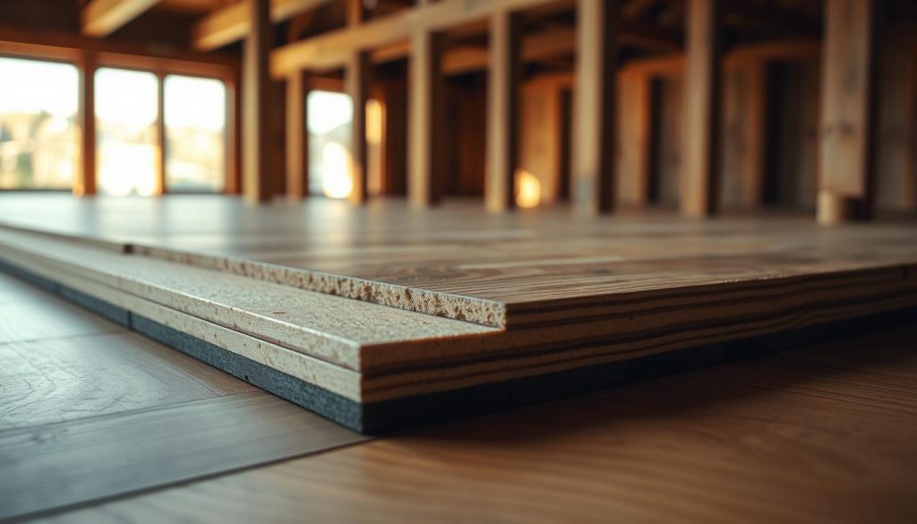 A dimly lit, detailed close-up shot of a well-insulated parquet flooring system, showcasing the layered construction. In the foreground, a cross-section reveals the solid hardwood planks, their rich grain patterns subtly illuminated. The middle ground features the underlying insulation material, a high-density foam or cork sheeting, providing thermal and acoustic isolation. The background subtly hints at the timber joists supporting the floor, casting soft shadows that add depth and texture to the composition. The overall mood is one of considered craftsmanship and attention to the details essential for a quality hardwood floor installation. A dimly lit, detailed close-up shot of a well-insulated parquet flooring system, showcasing the layered construction. In the foreground, a cross-section reveals the solid hardwood planks, their rich grain patterns subtly illuminated. The middle ground features the underlying insulation material, a high-density foam or cork sheeting, providing thermal and acoustic isolation. The background subtly hints at the timber joists supporting the floor, casting soft shadows that add depth and texture to the composition. The overall mood is one of considered craftsmanship and attention to the details essential for a quality hardwood floor installation.