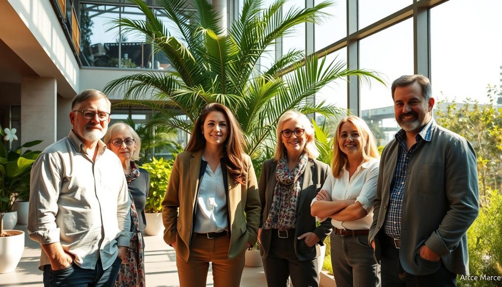 A group of eco-construction pioneers standing proudly in a sunlit, plant-filled atrium. Warm, natural lighting illuminates their thoughtful expressions as they discuss their innovative sustainable building techniques. In the background, glimpses of sleek, eco-friendly architecture and verdant landscaping create a harmonious, nature-inspired setting. The scene conveys a sense of expertise, dedication, and a shared vision for a more sustainable future in housing.
