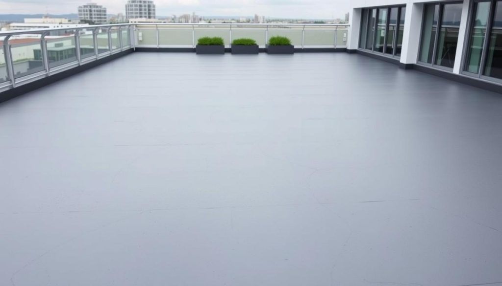 A high-quality, detailed image of a smooth, seamless waterproof membrane covering a rooftop terrace. The membrane has a uniform, sleek appearance with a subtle sheen, expertly installed to provide robust protection against water infiltration. The image captures the membrane in a well-lit, front-facing view, showcasing its durable construction and seamless integration into the terrace setting. The background features a modern, minimalist architectural design, complementing the streamlined aesthetic of the waterproof membrane. The overall scene conveys a sense of reliable protection and weatherproofing for the terrace, aligning with the article's focus on rooftop waterproofing systems.