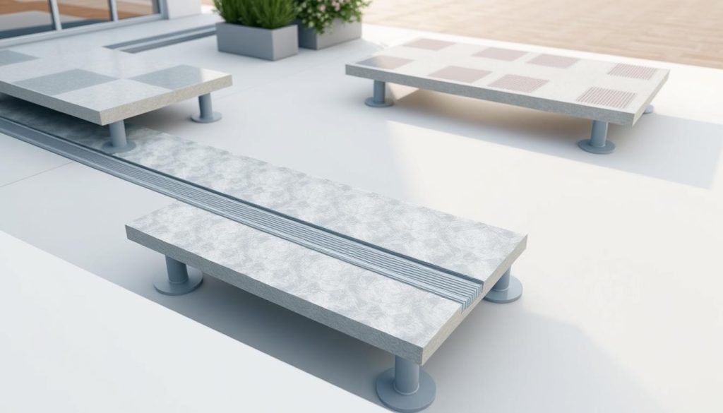 A neatly arranged architectural rendering showcasing an elevated terrace system with raised tile flooring supported by adjustable pedestals. The foreground features a close-up view of the drainage channels and pipes integrated seamlessly into the layout, ensuring efficient water management. The middle ground presents a birds-eye perspective, revealing the precise alignment and spacing of the support structures, creating a visually harmonious and functional design. The background subtly hints at the surrounding environment, with a soft, neutral color palette that enhances the clean, modern aesthetic. Crisp, directional lighting accentuates the textures and materials, elevating the overall sense of professionalism and attention to detail.