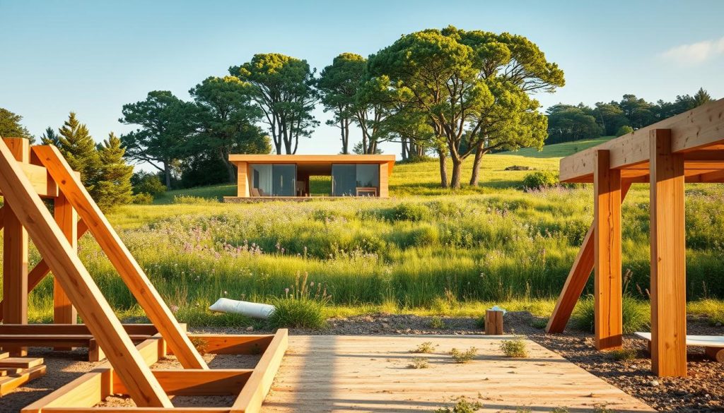 A tranquil eco-construction site nestled in a lush, verdant landscape. In the foreground, wooden beams and natural materials are carefully assembled, reflecting the harmonious integration of sustainable design. The middle ground showcases a modern, energy-efficient structure taking shape, its clean lines and large windows allowing ample natural light to pour in. In the background, a serene meadow dotted with wildflowers and towering trees creates a calming, nature-inspired atmosphere. Soft, diffused lighting casts a warm, inviting glow, emphasizing the organic, environmentally-conscious approach to the construction process. The scene evokes a sense of harmony between human innovation and the natural world.