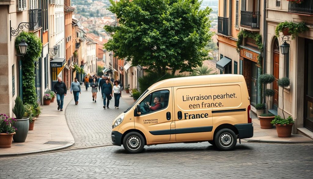 A warm, inviting scene of a small delivery van, meticulously rendered in a natural, earthy color palette, gently navigating the winding streets of a charming French town. The vehicle's sides proudly display the "Livraison partout en France" message, conveying a sense of reliable, nationwide coverage. In the middle ground, pedestrians stroll along the cobblestone sidewalks, taking in the quaint architecture and lush greenery that line the street. The background is a softly blurred cityscape, hinting at the larger urban landscape beyond. The overall atmosphere exudes a sense of sustainability, accessibility, and the effortless integration of eco-friendly services into the fabric of daily French life.