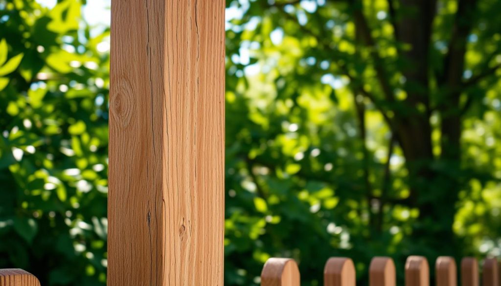 A weathered wooden fence post stands tall against a backdrop of lush greenery. The chestnut-colored wood is textured with the marks of time, its surface worn smooth by the elements. Sunlight filters through the leaves, casting a warm glow on the post and illuminating its natural grain. The post is firmly rooted in the earth, a testament to its durability and resilience. In the foreground, the post casts a soft, organic shadow, adding depth and dimension to the scene. The overall impression is one of rustic charm and enduring strength, perfectly capturing the essence of a long-lasting chestnut wood fence.