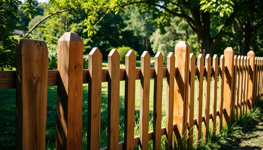 A well-crafted wooden fence in a lush, sun-dappled garden. The foreground features sturdy, weather-beaten chestnut posts and rails, their natural textures and tones highlighted by warm, diffused lighting. The middle ground showcases the orderly arrangement of the wooden panels, creating a visually pleasing pattern. In the background, a verdant landscape with flourishing trees and shrubs provides a serene, bucolic setting. The overall composition conveys a sense of rustic charm, durability, and harmonious integration with the surrounding environment, reflecting the enduring qualities of a chestnut wood fence.