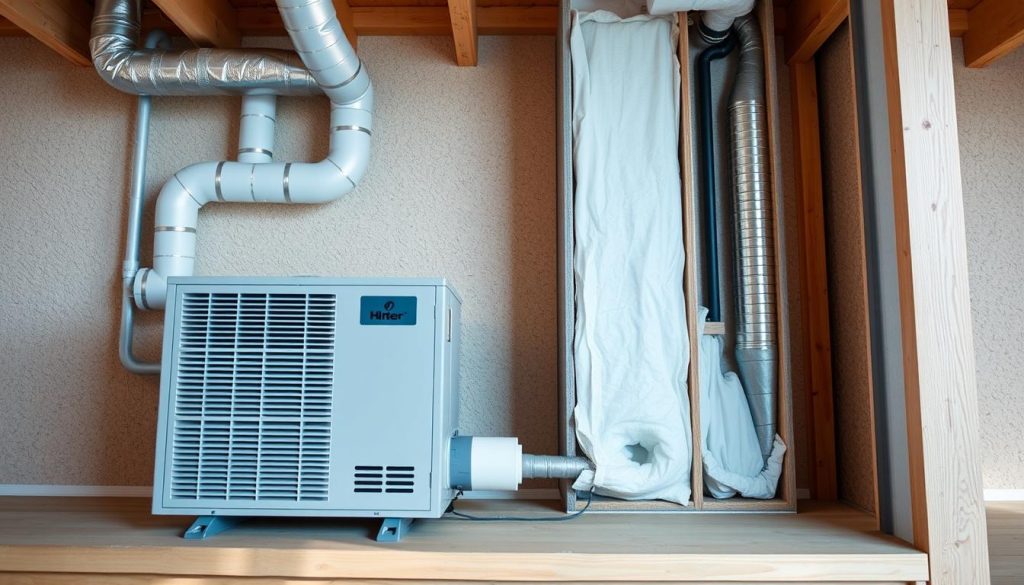 A well-designed mechanical ventilation system with vapor barrier, showcasing a cross-section view. In the foreground, a modern HVAC unit with clean, minimalist lines, surrounded by streamlined ductwork. The middle ground depicts the wall assembly, with insulation, a vapor barrier, and the ventilation system integrated seamlessly. The background features a soft, warm lighting, conveying a sense of efficiency and comfort. The overall composition emphasizes the importance of optimizing ventilation to prevent moisture buildup in a well-insulated home, reflecting the article's focus on effective solutions for humidity management.