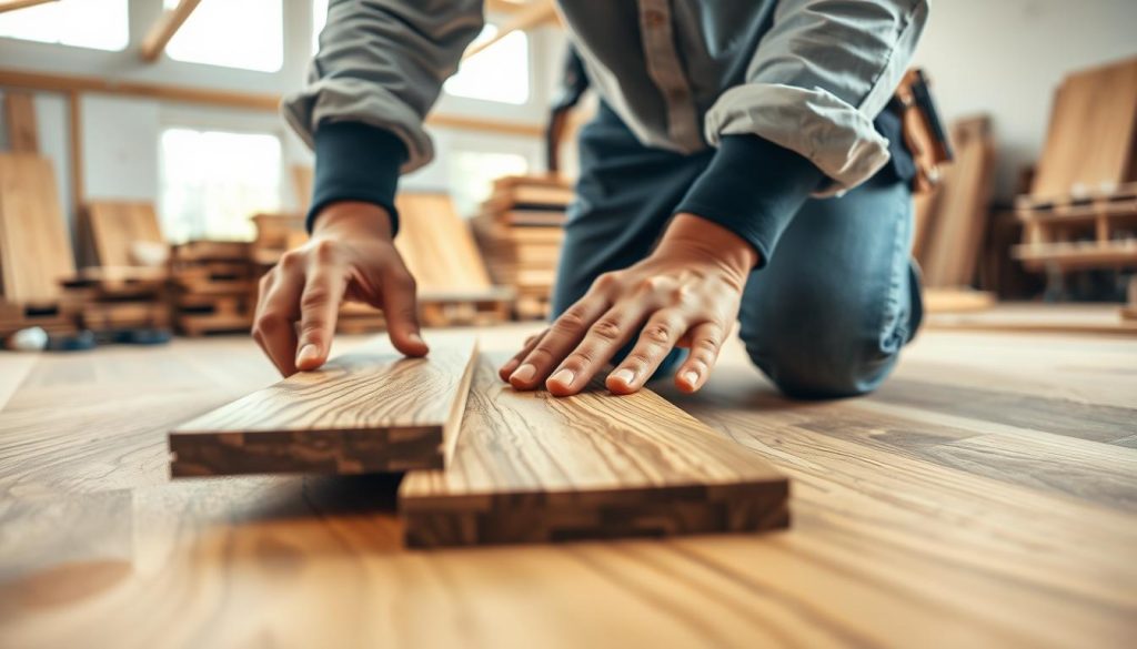 A well-lit, detailed scene of a professional carpenter demonstrating proper wood flooring installation techniques. In the foreground, the carpenter's hands carefully position and secure hardwood planks, highlighting best practices to prevent common installation errors. The middle ground showcases a selection of high-quality wood flooring materials, including different grain patterns and finishes. In the background, a bright, airy workshop setting with ample natural lighting, allowing the textures and colors of the wood to shine. The overall tone is educational and informative, conveying a sense of expertise and attention to detail essential for a successful wood flooring project. A well-lit, detailed scene of a professional carpenter demonstrating proper wood flooring installation techniques. In the foreground, the carpenter's hands carefully position and secure hardwood planks, highlighting best practices to prevent common installation errors. The middle ground showcases a selection of high-quality wood flooring materials, including different grain patterns and finishes. In the background, a bright, airy workshop setting with ample natural lighting, allowing the textures and colors of the wood to shine. The overall tone is educational and informative, conveying a sense of expertise and attention to detail essential for a successful wood flooring project.
