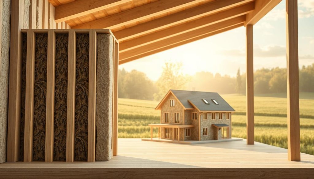 A well-lit, detailed scene showcasing various applications of hemp-based insulation materials in construction and renovation. The foreground depicts a cutaway view of a wall section, highlighting the layered installation of hemp-based insulation panels between wooden studs. The middle ground features a model of a residential building under renovation, with hemp-based insulation being installed in the exterior walls. The background depicts a serene, sun-dappled countryside landscape, emphasizing the natural, eco-friendly nature of the hemp-based insulation. Crisp, high-resolution rendering with a slightly muted color palette to convey the organic, earthy tones of the materials. A well-lit, detailed scene showcasing various applications of hemp-based insulation materials in construction and renovation. The foreground depicts a cutaway view of a wall section, highlighting the layered installation of hemp-based insulation panels between wooden studs. The middle ground features a model of a residential building under renovation, with hemp-based insulation being installed in the exterior walls. The background depicts a serene, sun-dappled countryside landscape, emphasizing the natural, eco-friendly nature of the hemp-based insulation. Crisp, high-resolution rendering with a slightly muted color palette to convey the organic, earthy tones of the materials.