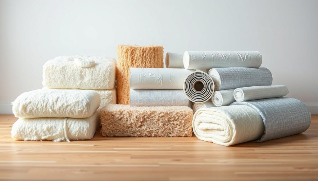 A well-lit, high-quality image showcasing a variety of insulation materials arranged neatly on a clean, wooden surface. In the foreground, bundles of fiberglass, mineral wool, and cellulose insulation stand prominently, their textures and colors clearly visible. In the middle ground, rolls of rigid foam, reflective foil, and weatherproofing membranes are displayed, highlighting the range of insulation solutions. The background features a neutral, soft-focus backdrop, allowing the materials to be the focal point. The overall composition conveys a sense of professionalism, practicality, and attention to detail, reflecting the topic of "Matériaux et techniques pour une isolation performante".